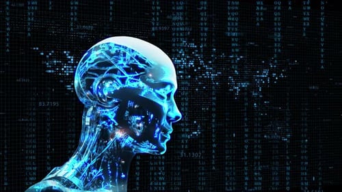 AI Robot Head with Digital Data and Glowing Brain