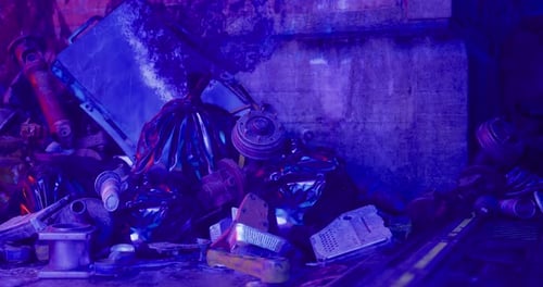 Animated Grunge Waste Pile with Neon Blue Lighting