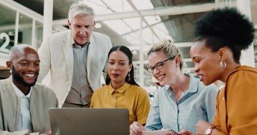 Happy business people, laptop and planning strategy in startup company, marketing agency