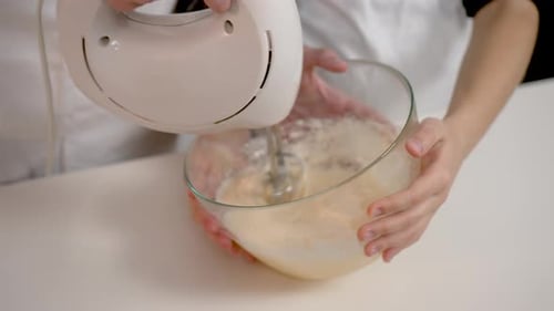 Cropped Shot Girl and Boy in White Apron Using Mixer Machine Making Dough for Bread or Cookies in
