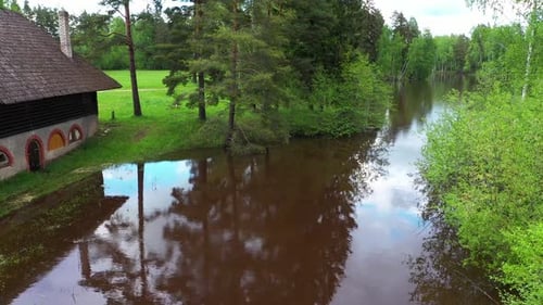 Lakeside small village house with beautiful rooftop, aerial pan view