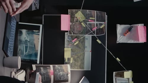 Detectives Investigate Crime Scene Photos in Office