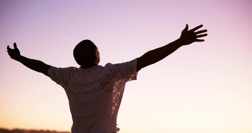 Back, man and sunrise with freedom outdoor for summer vacation, travel and celebration
