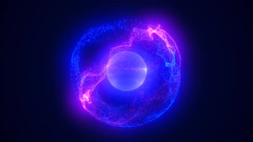 Energie, lila, blaue magische Kugel, futuristische runde Kugel, hell leuchtendes Atom