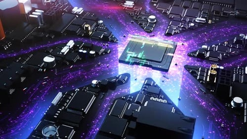 chip in the center of the city in the style of computer components with the effect of computing