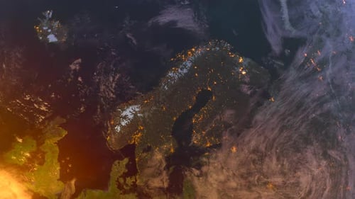 Norway From Space At Sunset. Scandinavia View From Space Orbit. Blue Planet Earth. Globe