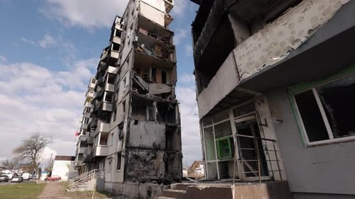 Damaged Buildings in Urban Ruins After Conflict
