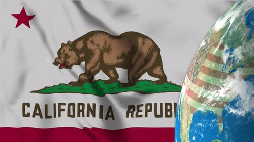 Waving California Flag and Rotating Earth Globe