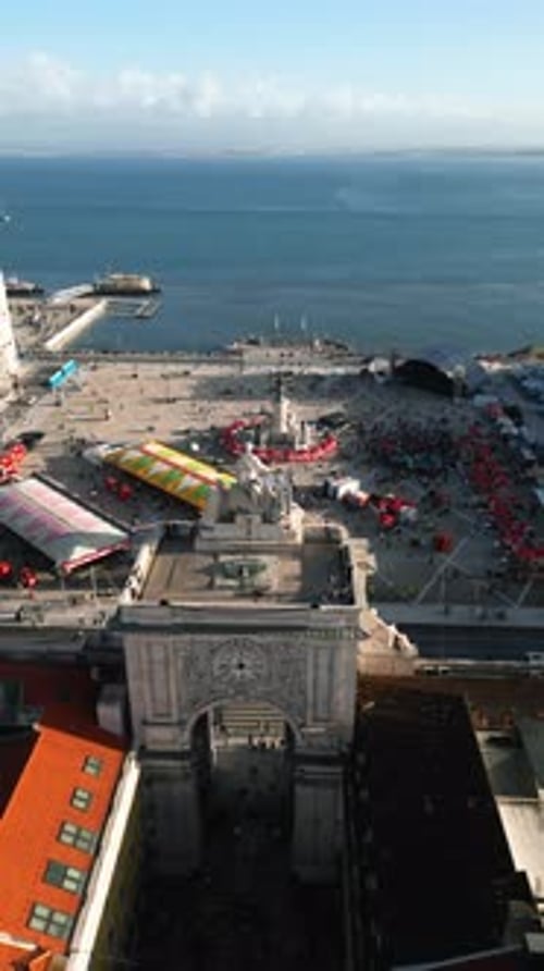 Aerial video of the Triumphal Arch of Rua Augusta in Lisbon