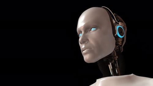 Futuristic 3D Robot Head Rotating with Glowing Blue Eyes