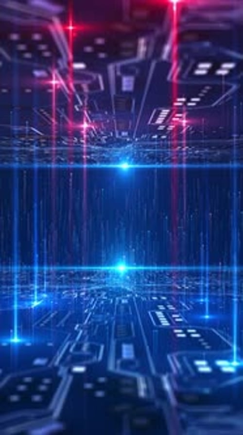 Futuristic Data Stream Matrix Scene Light Streams Rise Between Digital Panels Forming High Tech