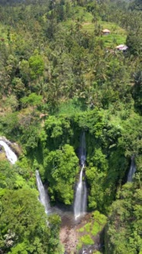 Aerial View Of Stunning Fiji Waterfall In The Lush Jungle In Bali Indonesia