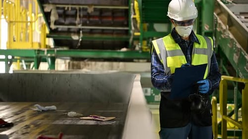 Worker Inspecting Waste on Conveyor Belt in Recycling Plant