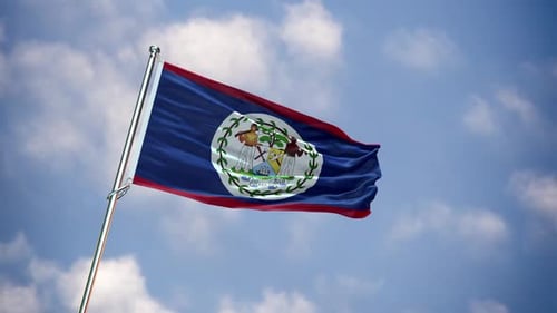 Belize National Flag Waving in the Wind with Blue Sky