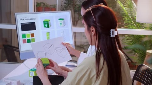 Deux graphistes asiatiques analysant un prototype d'emballage de produit, revoyant un croquis sur papier.
