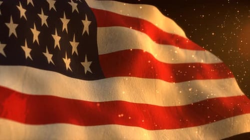 Waving American Flag with Golden Sparkling Particles