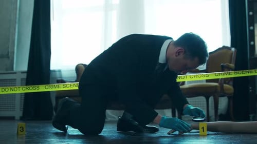 Detective Investigating Crime Scene with Magnifying Glass