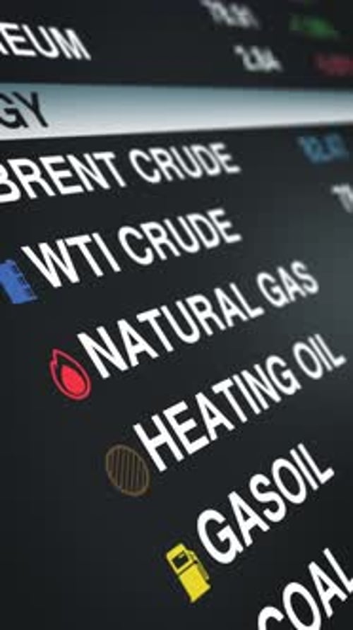 Close up of a digital market interface displaying energy commodities like Brent crude, WTI crude