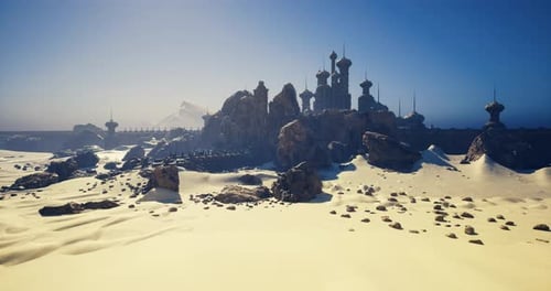 Paysage urbain du désert poussiéreux avec des structures érodées et une forteresse lointaine