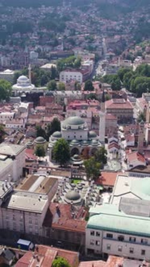 Gazi Husrev beg Mosque dominating Sarajevo cityscape in Bosnia and Herzegovina. Aerial