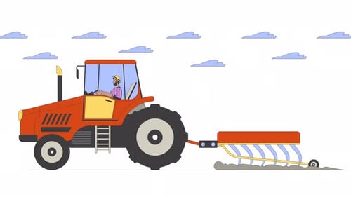 Black farmer riding tractor plowing field line cartoon animation
