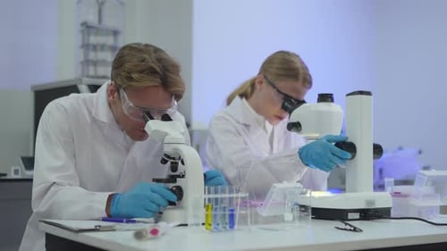 Scientists Use Microscopes for Medical Research in Lab