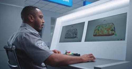 Airport Terminal Security Officer Monitors Baggage Screening on Computer Screens