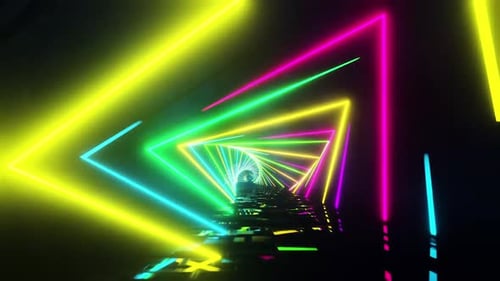 Vibrant neon triangles create a mesmerizing futuristic tunnel