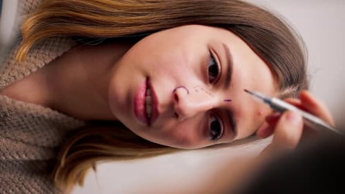 vertical video close-up plastic surgeon makes marks on a patient's face during a consultation