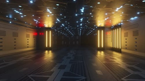 A Dark Futuristic Corridor Illuminated By Glowing Red Yellow and Blue Lights Creating a Moody and