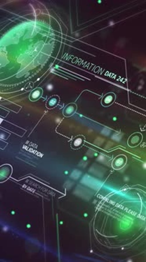 Futuristic Digital HUD Interface with Rotating Globe and Data Visualizations