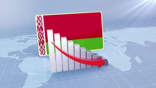 Belarus Flag With Decrease Bar Chart Graph And Arrow Red