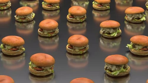 Seamless Looping 3D Hamburgers Bouncing on a Reflective Surface