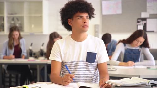 Portrait Of Contemplative Young Man During Exam At High School, Copy Space. Smiling College Stude...