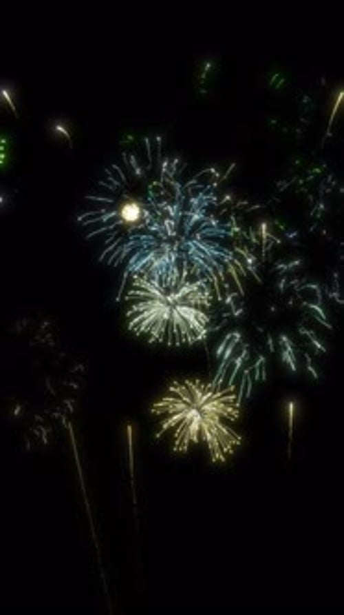 Vibrant Vertical Fireworks Bursting on Black Background