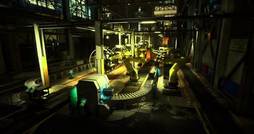 Des bras robotiques fonctionnent sur une chaîne de montage dans une usine de fabrication faiblement éclairée