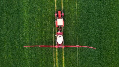 Traktor besprüht Weizenfeld mit Pestiziden und Herbiziden Landwirtschaftliche Maschine zur Behandlung von Getreide