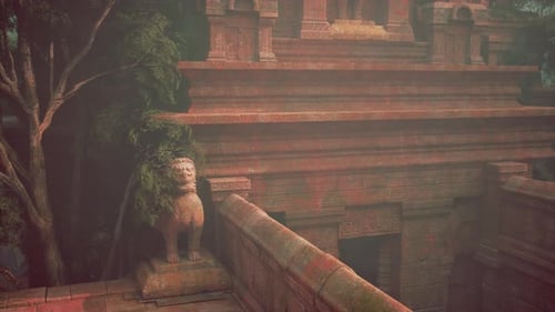 Lion Statue Sitting on Ledge By Tree
