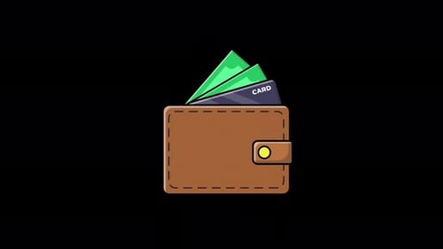 Animiertes Portemonnaie mit Geld- und Bankkartenvideo — transparent
