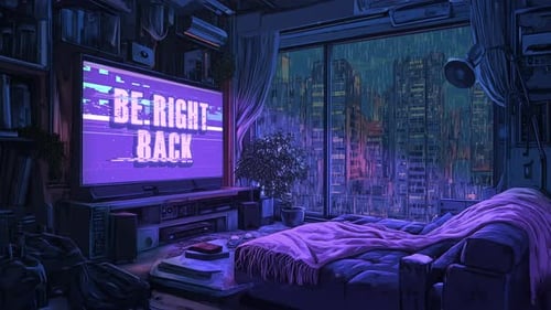Lo-Fi Cyberpunk 'Be Right Back' Stream Screen – Loopable Animation