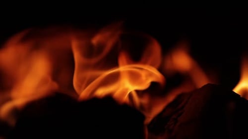 Slow motion of bright tongues fire, close up. Fire flame concept, fire glowing on black background,