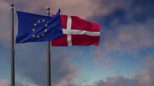 European Union And Denmark Flags Waving