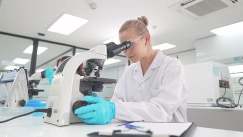 Scientists conduct experiments using a microscope in a laboratory setting in the afternoon