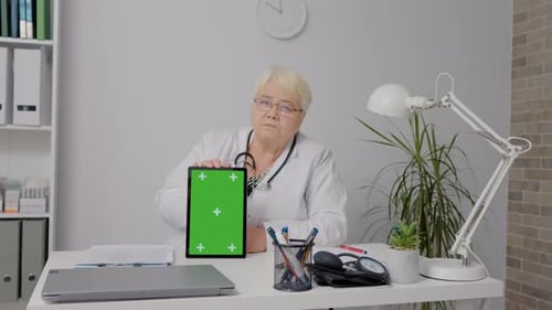 Telemedicine concept female doctor shows green screen vertical tablet.
