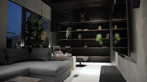 Modern Apartment Interior with Fireplace at Night