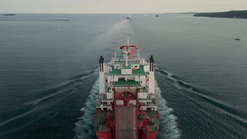 Aerial View Of Massive Cargo Ship Heading To Halifax Maritime Export