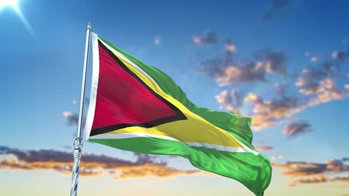 Guyana National Flag Waving in Realistic Sky
