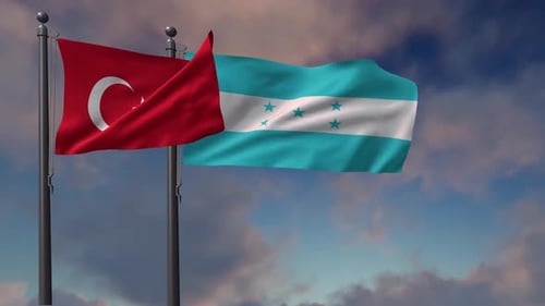 Flags Of Turkey And Honduras Waving On A Blue Sky