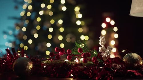 Christmas Tree Out of Focus Over the Wreath Decoration Copy Space