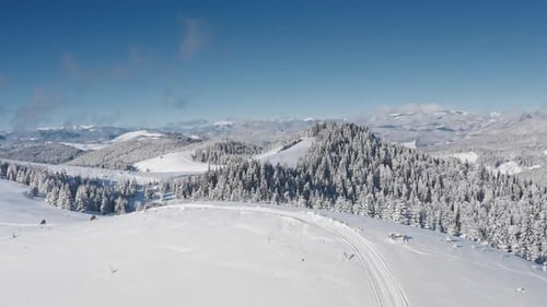 Winter Aerial View of Snow-Covered Mountains and Forest